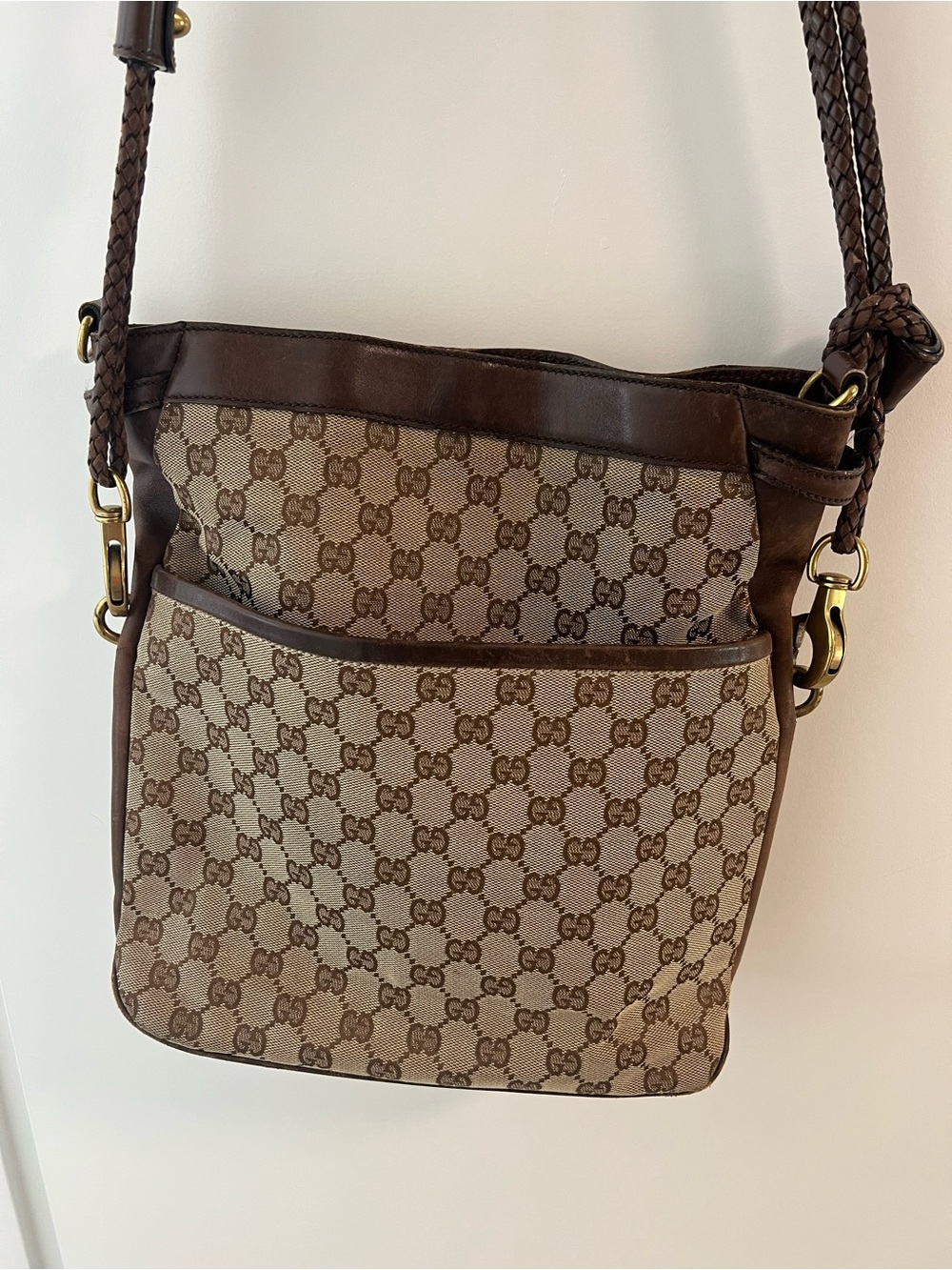 Gucci Beige and Brown GG Canvas Crossbody Bag with Braided Strap